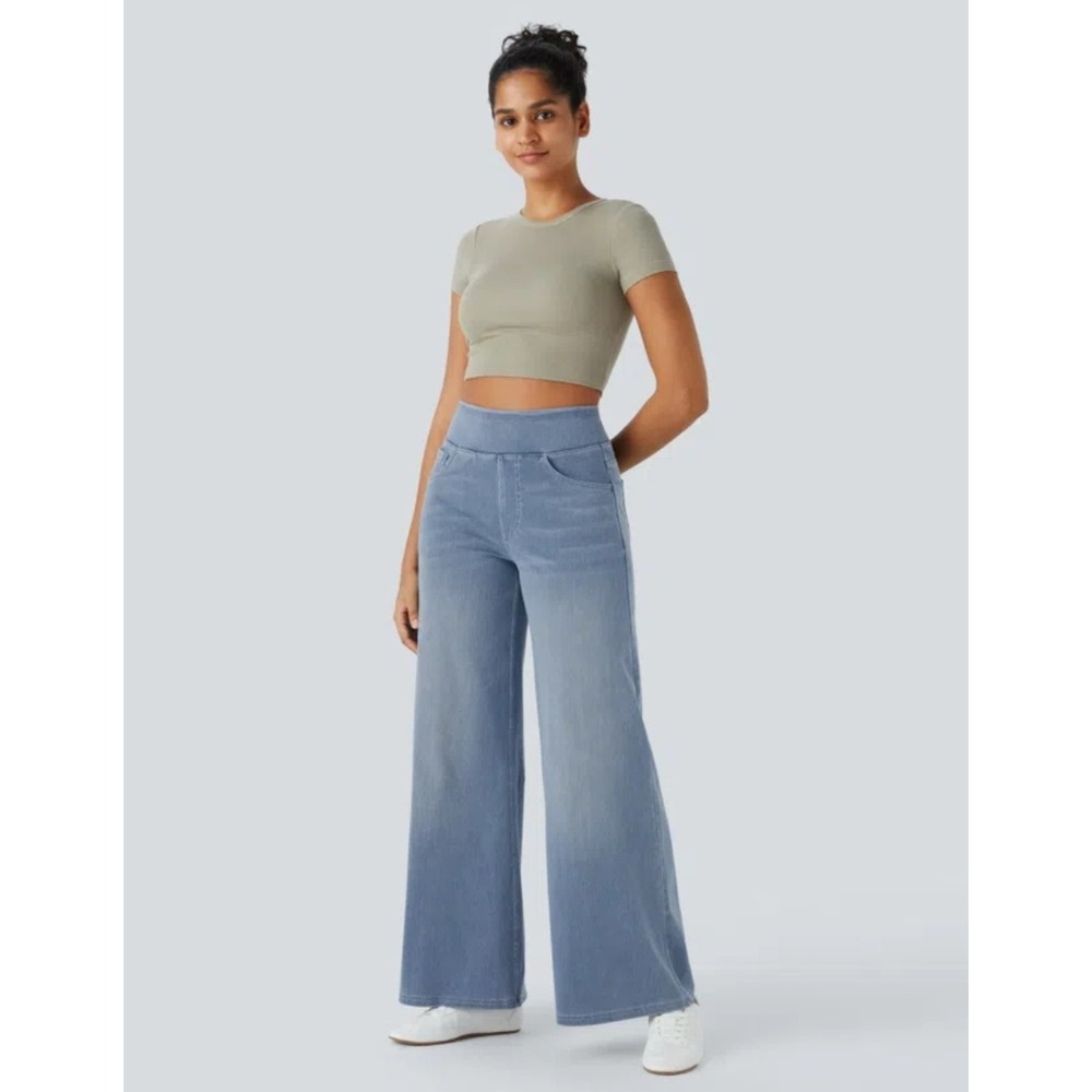 Halara High Waisted Pockets Baggy Wide Leg Washed Casual Jeans Large Regular